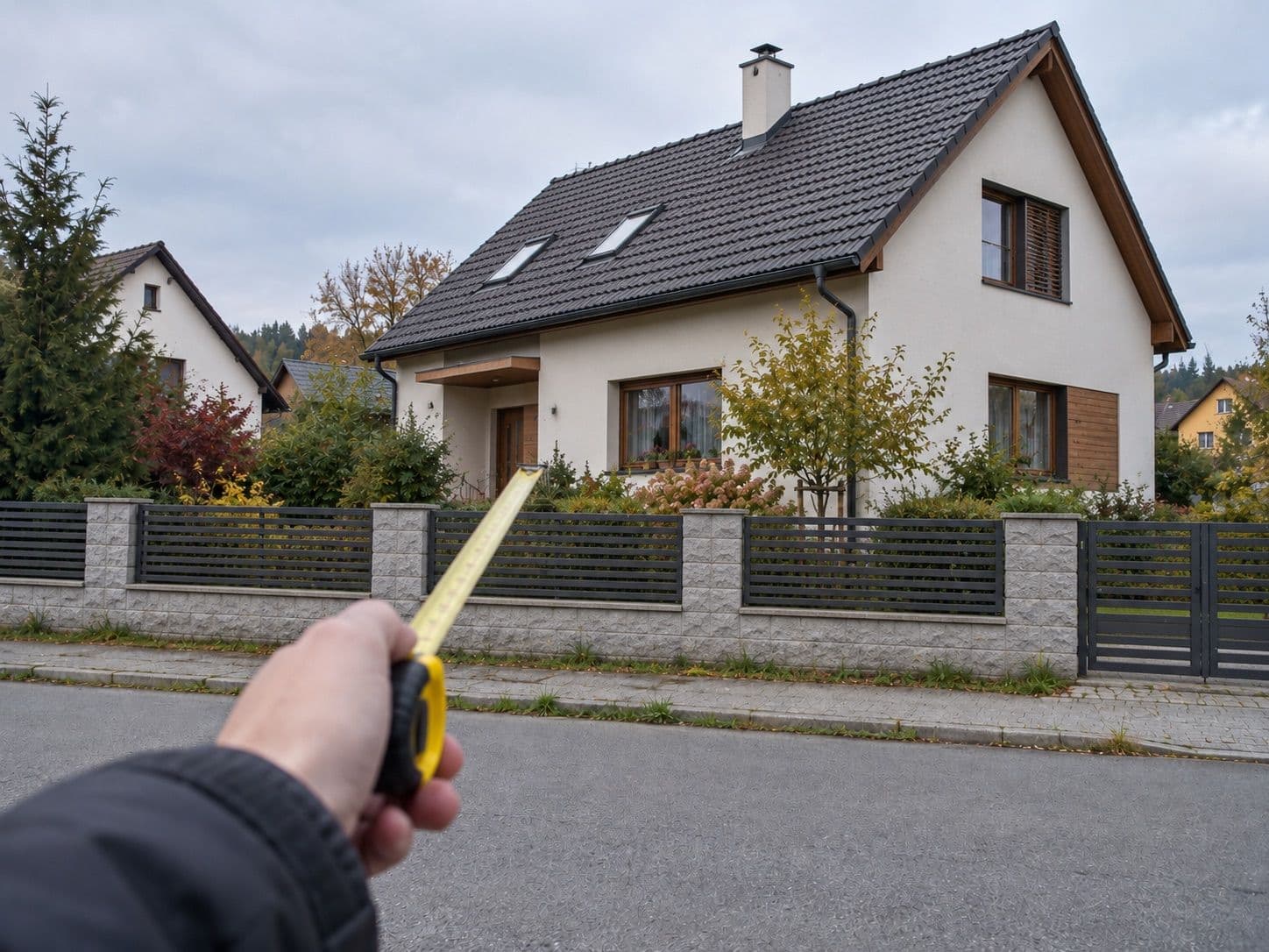 Rodinný dům za plotem a ruka se svinovacím metrem před ním